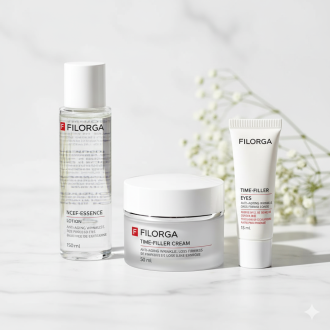 Filorga Time-Filler Anti-Aging Bundle for wrinkles and firmness in Lebanon. Features Time-Filler Cream, Time-Filler Eyes, and NCEF-Essence Lotion.
