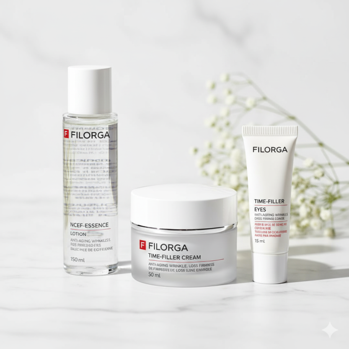 Filorga Time-Filler Anti-Aging Bundle for wrinkles and firmness in Lebanon. Features Time-Filler Cream, Time-Filler Eyes, and NCEF-Essence Lotion.